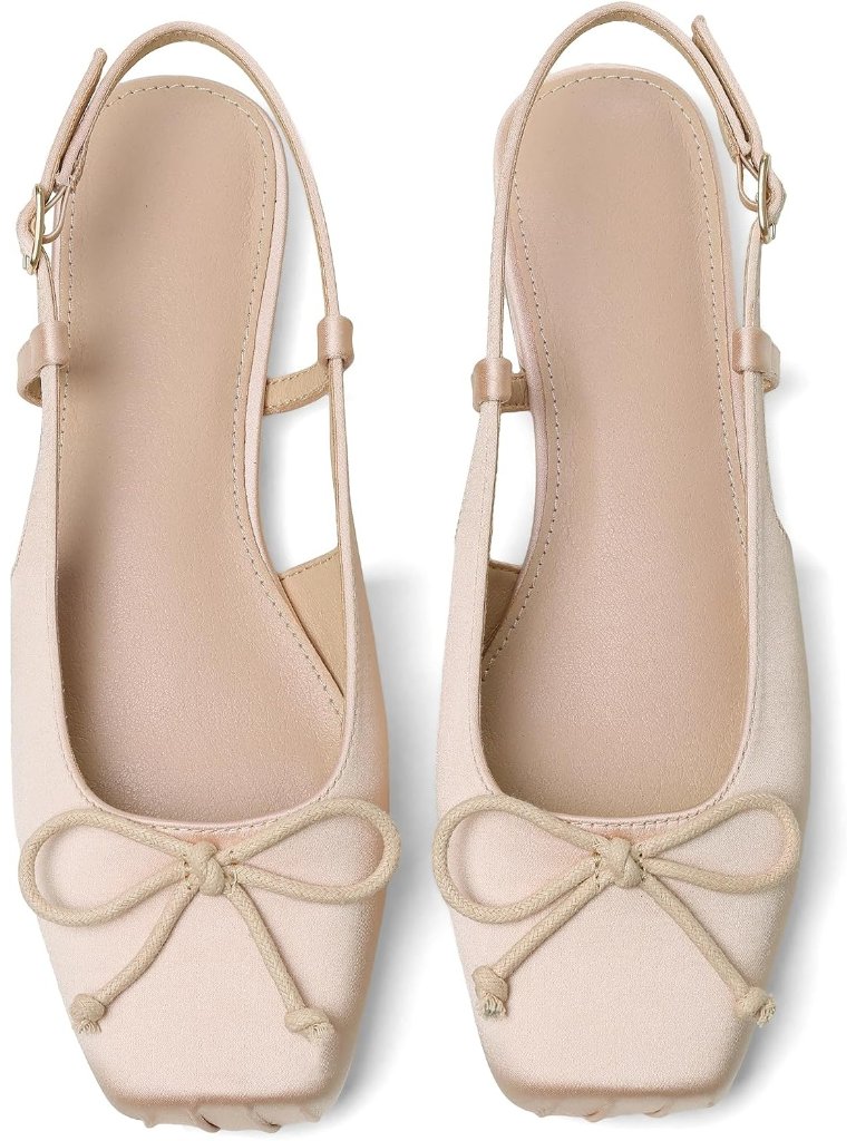 Women's Nude Ballet Flats Slingbacks Square Toe Bow Dressy Flat Shoes